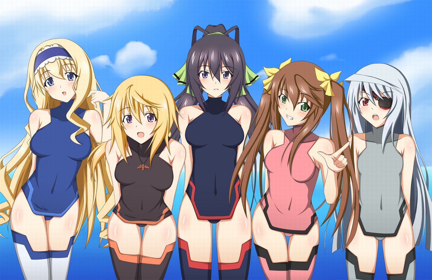 аниме картинка пять девушек на пляже в купальниках из аниме IS: Infinite Stratos
